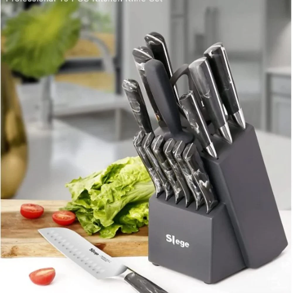 15 pc CHEF + STEAK KNIVES + SHEARS - BLOCK SET (Grey Marbling)